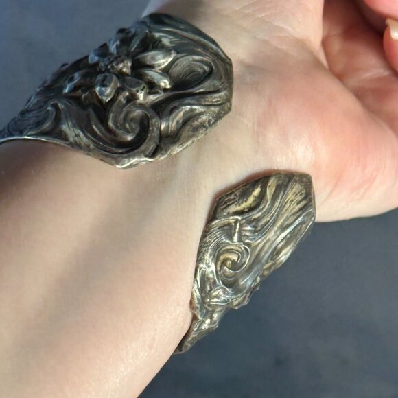 American Beauty Floral Sterling Silver Alphonse Mucha Cuff Bracelet Art Nouveau - Picture 7 of 10